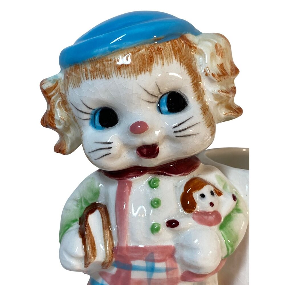 Ceramic Planter Kitschy Cat School Girl  Book Doll Nursery VTG